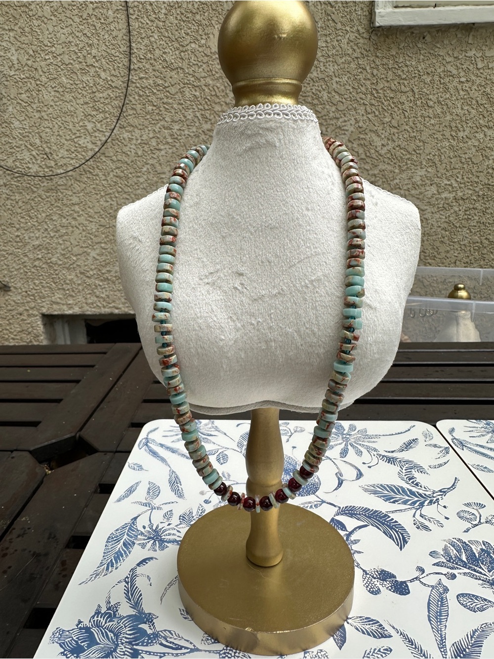 Turquoise and Brown Beaded Necklace with Red Accent Beads
